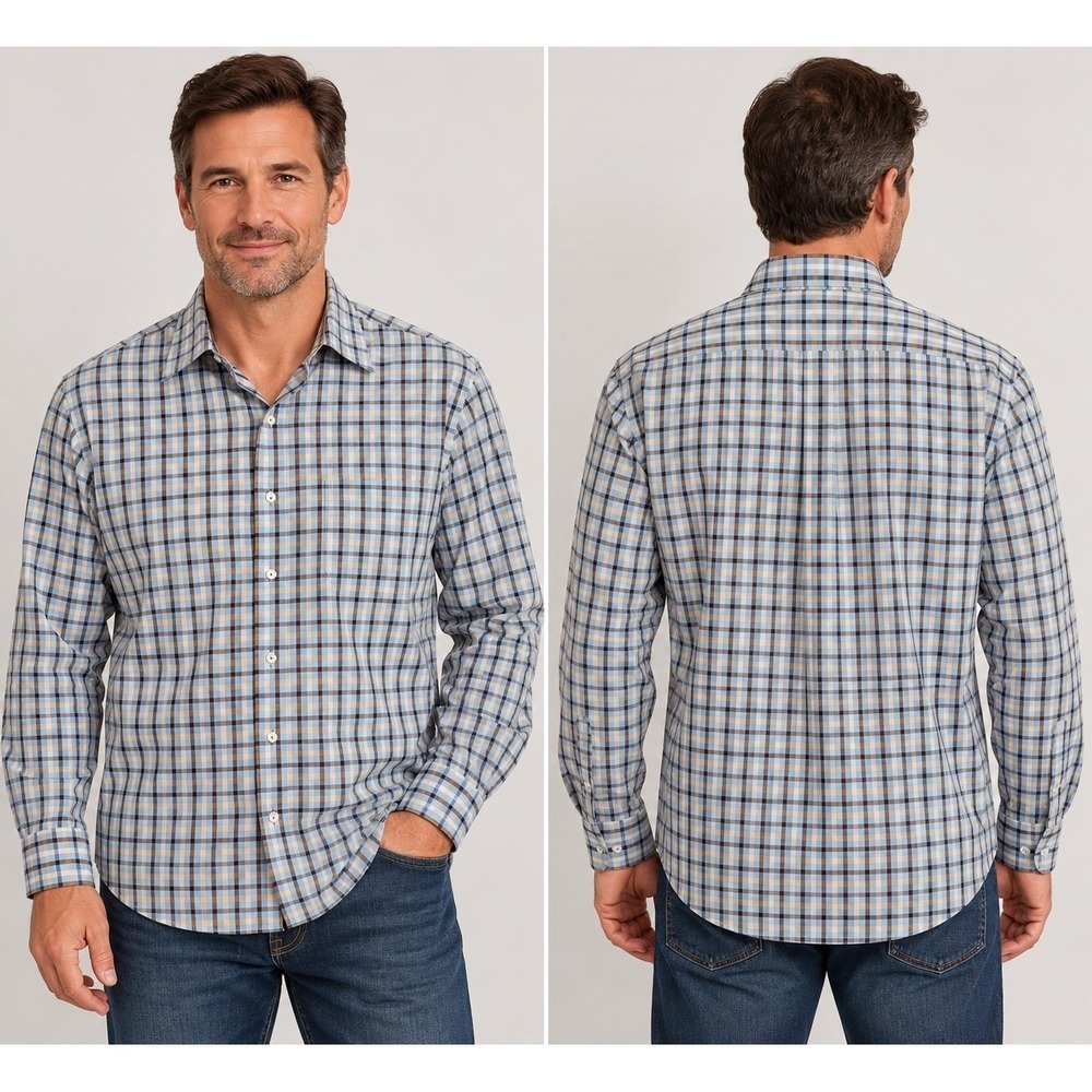 Peter Millar Shirt Mens Medium Button Up Long Sleeve Blue Tattersall Check